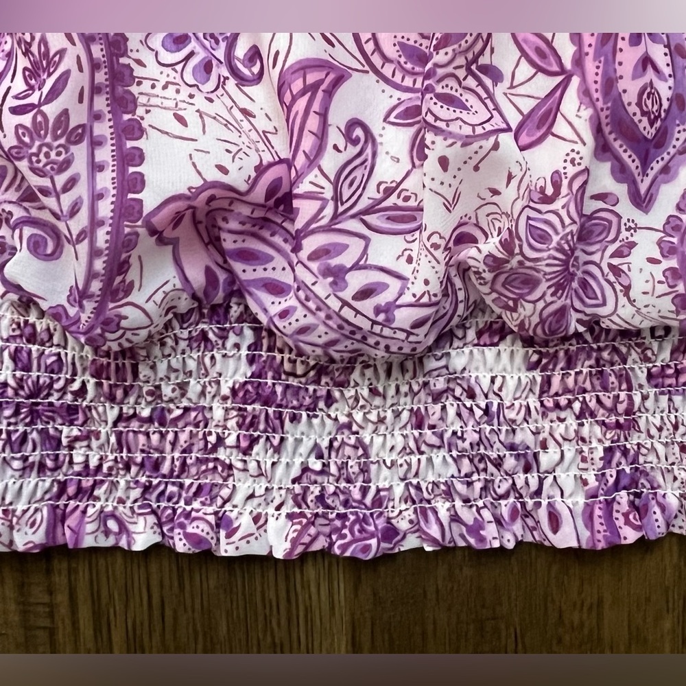 MELANIE LYNE Purple Paisley Square Neck Blouse Smocked Waist Size 4 - Picture 4 of 7
